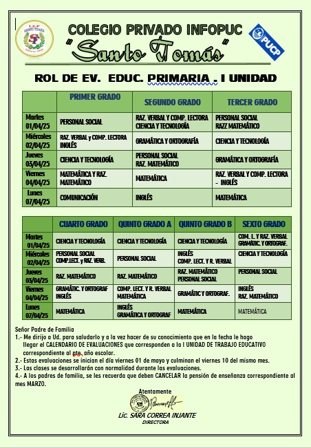ROL DE EVALUACIONES EDUC. PRIMARIA I UNIDAD
